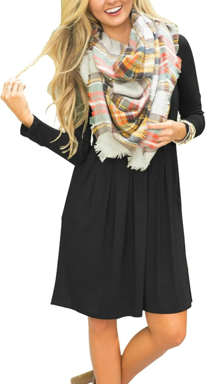 AUSELILY Women's Long Sleeve Dress Pleated Loose Swing Casual Dress with Pockets Knee Length Dresses 2025 New