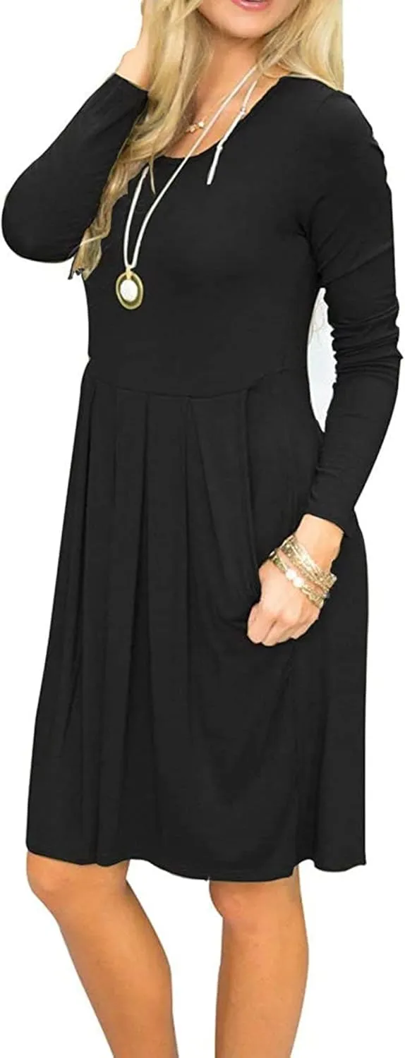 AUSELILY Women's Long Sleeve Dress Pleated Loose Swing Casual Dress with Pockets Knee Length Dresses 2025 New