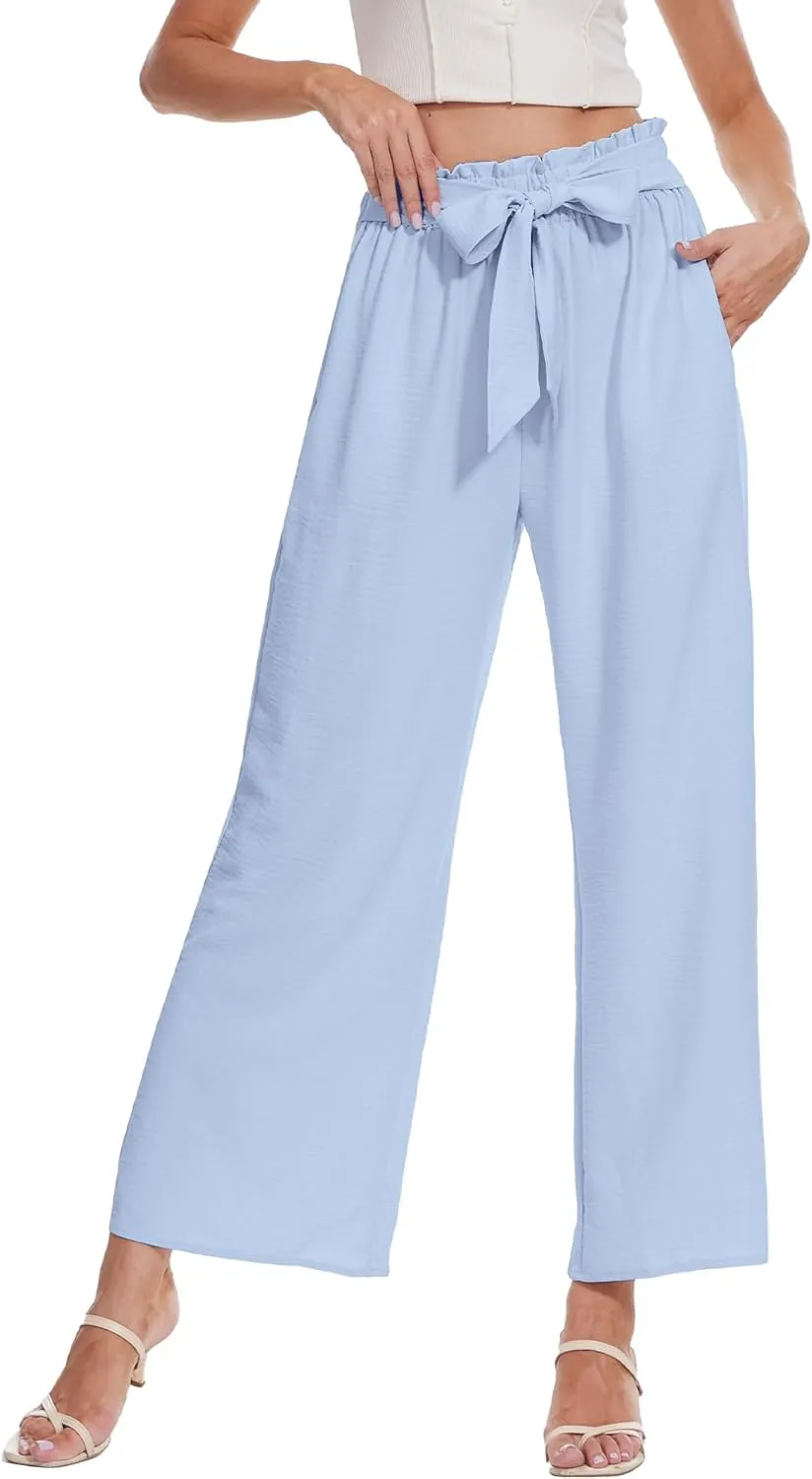 Beautiful Nomad Women's Wide Leg Lounge Pants High Waist Adjustable Knot Loose Casual Work Flowy Trousers with Pockets