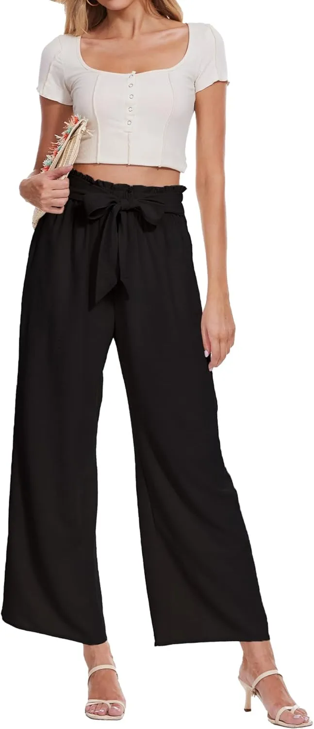 Beautiful Nomad Women's Wide Leg Lounge Pants High Waist Adjustable Knot Loose Casual Work Flowy Trousers with Pockets