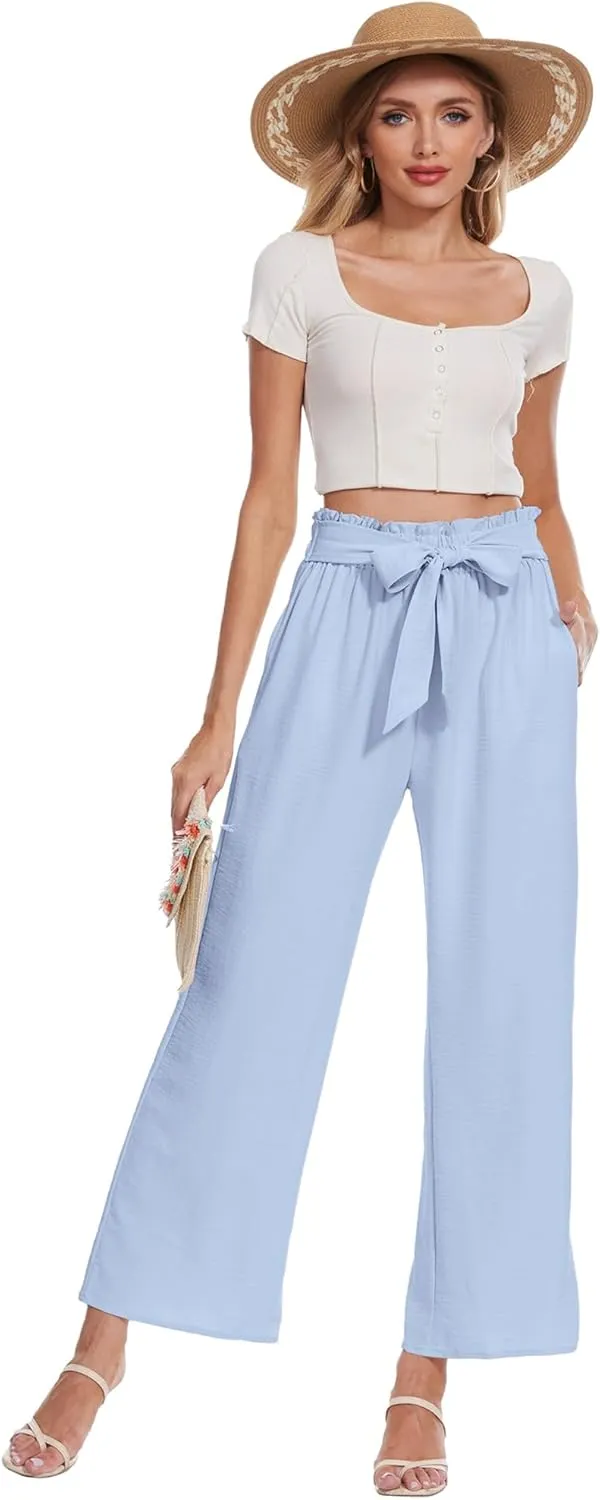 Beautiful Nomad Women's Wide Leg Lounge Pants High Waist Adjustable Knot Loose Casual Work Flowy Trousers with Pockets