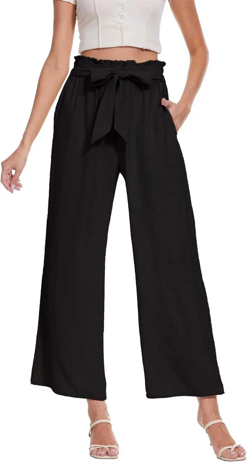 Beautiful Nomad Women's Wide Leg Lounge Pants High Waist Adjustable Knot Loose Casual Work Flowy Trousers with Pockets