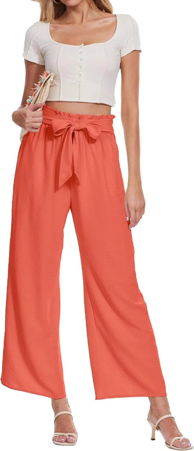 Beautiful Nomad Women's Wide Leg Lounge Pants High Waist Adjustable Knot Loose Casual Work Flowy Trousers with Pockets