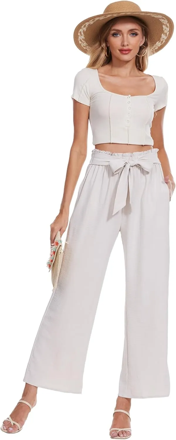 Beautiful Nomad Women's Wide Leg Lounge Pants High Waist Adjustable Knot Loose Casual Work Flowy Trousers with Pockets