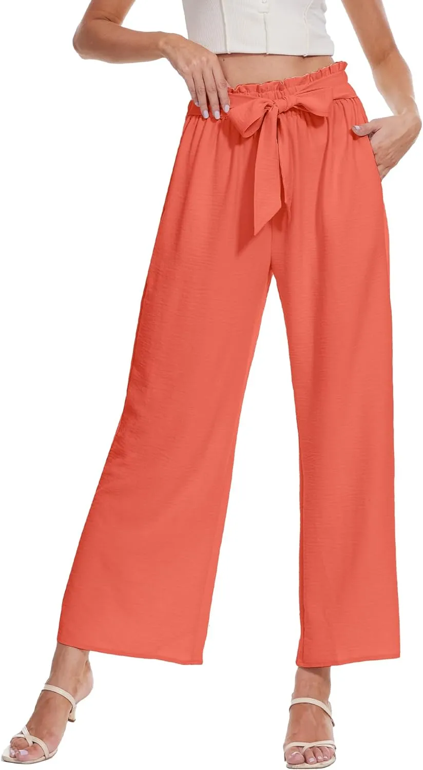 Beautiful Nomad Women's Wide Leg Lounge Pants High Waist Adjustable Knot Loose Casual Work Flowy Trousers with Pockets