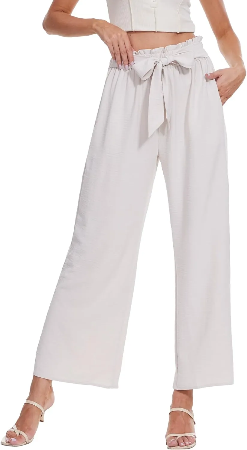 Beautiful Nomad Women's Wide Leg Lounge Pants High Waist Adjustable Knot Loose Casual Work Flowy Trousers with Pockets