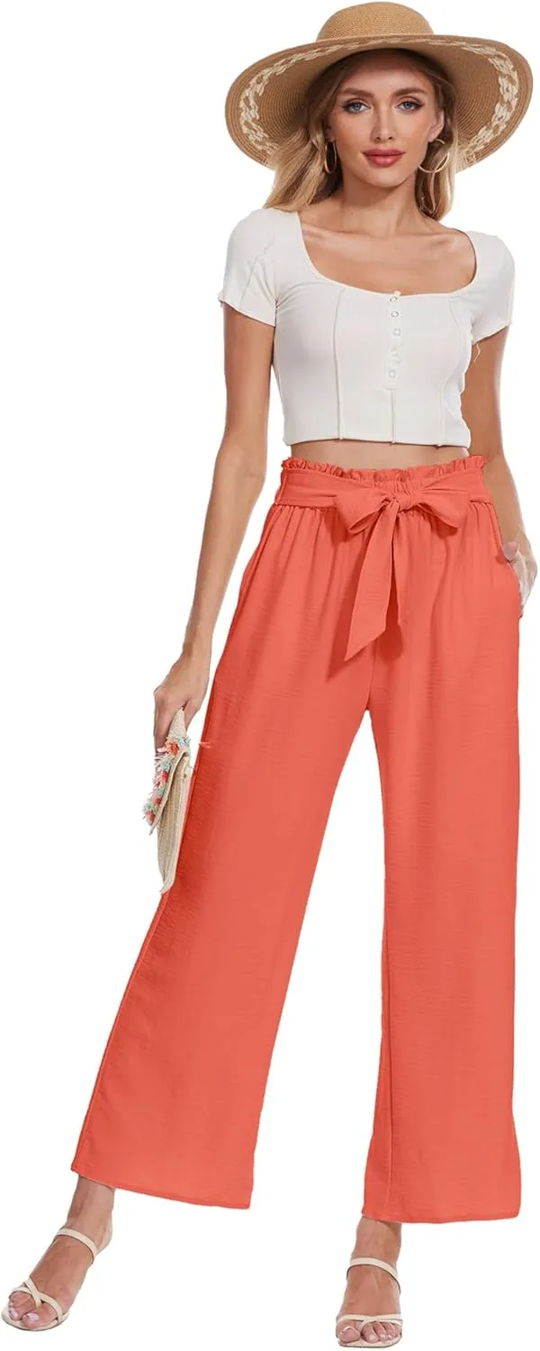 Beautiful Nomad Women's Wide Leg Lounge Pants High Waist Adjustable Knot Loose Casual Work Flowy Trousers with Pockets