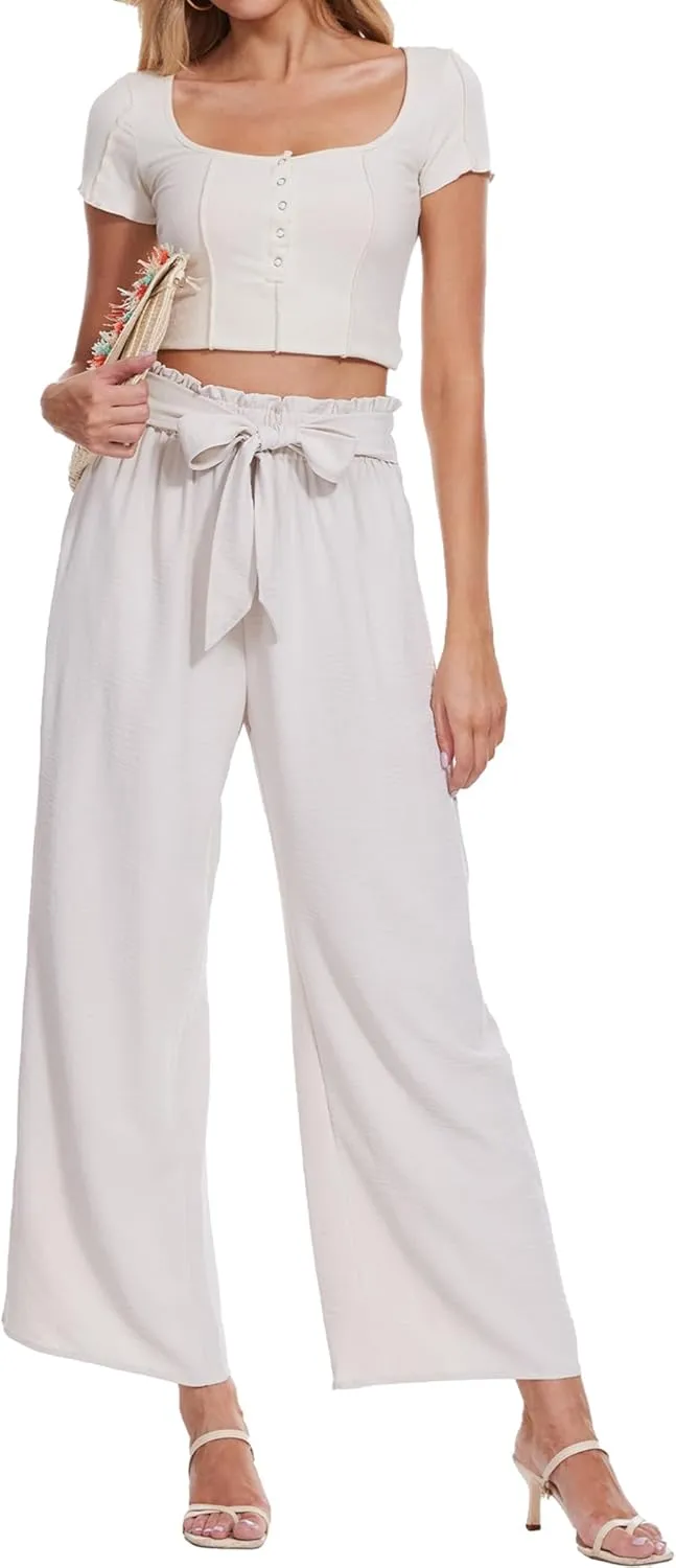 Beautiful Nomad Women's Wide Leg Lounge Pants High Waist Adjustable Knot Loose Casual Work Flowy Trousers with Pockets