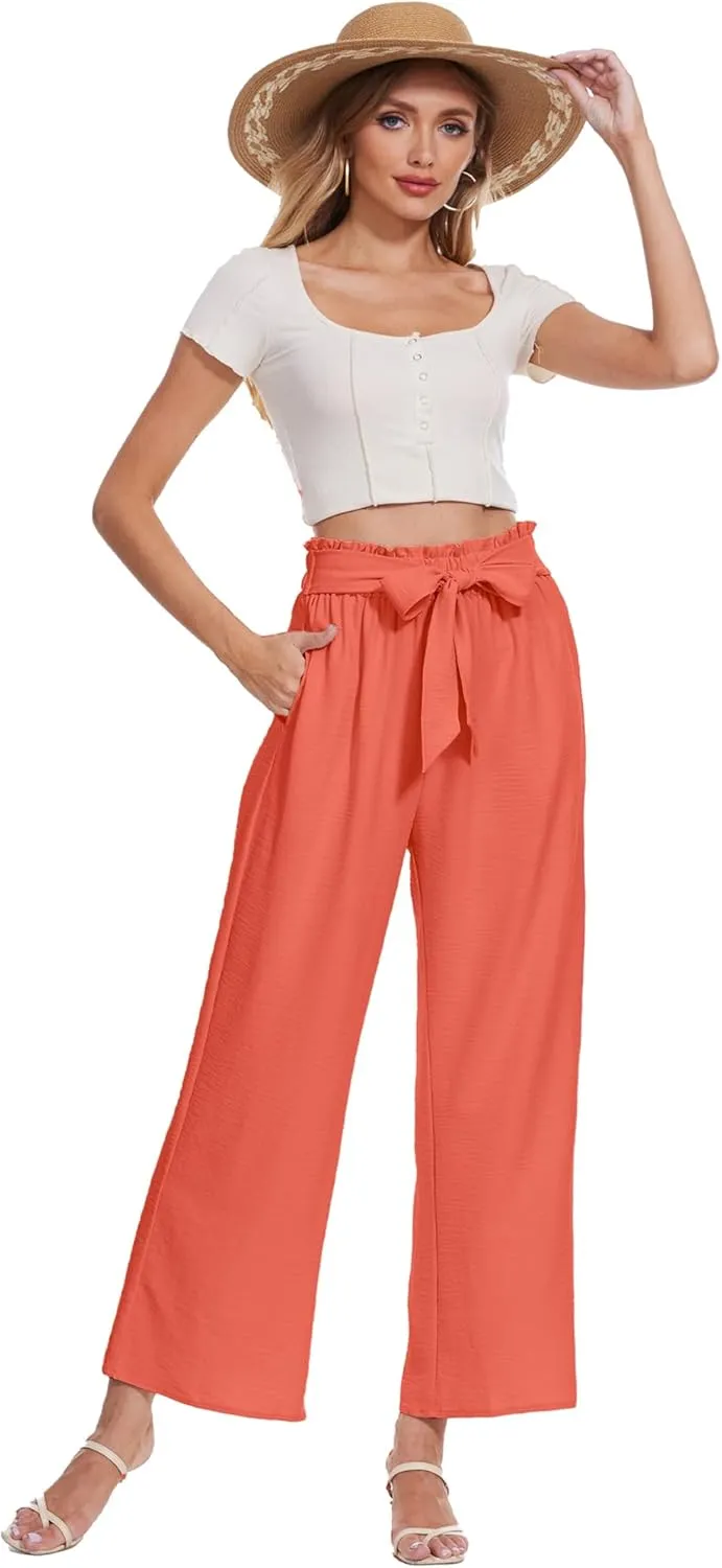 Beautiful Nomad Women's Wide Leg Lounge Pants High Waist Adjustable Knot Loose Casual Work Flowy Trousers with Pockets