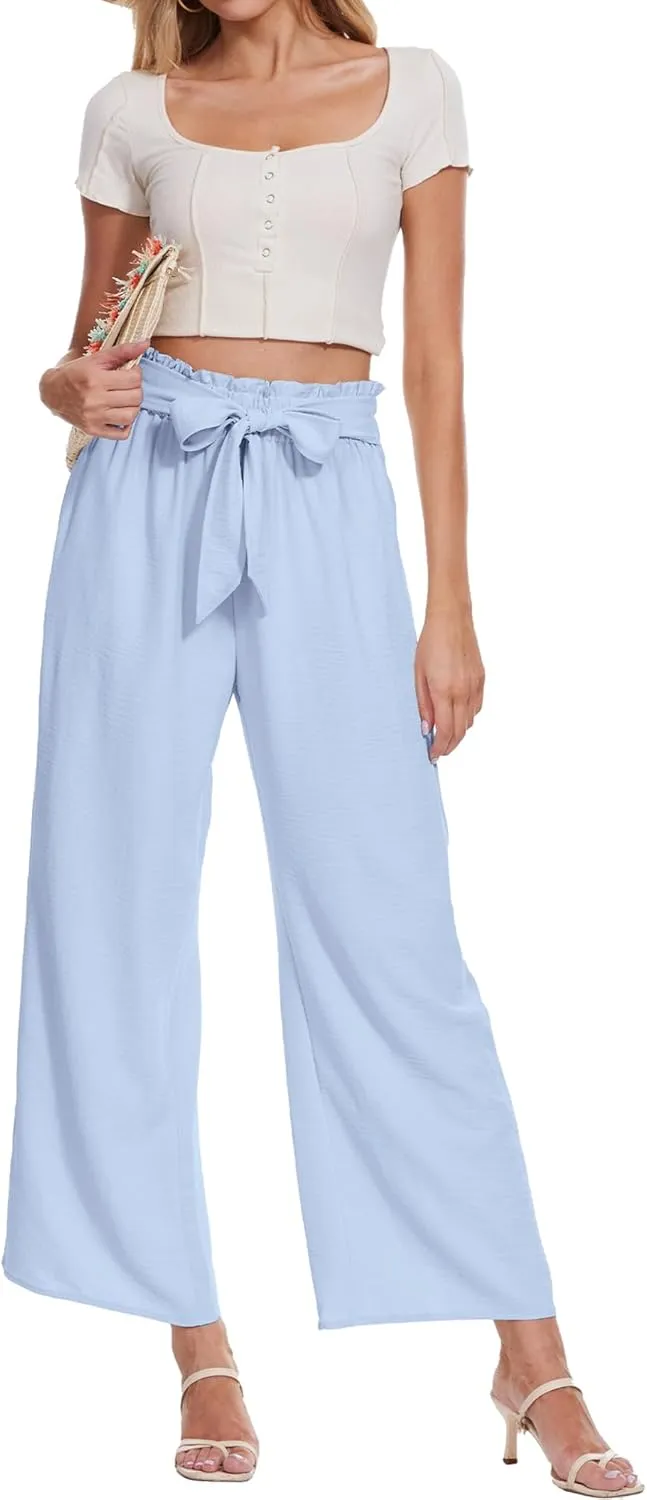 Beautiful Nomad Women's Wide Leg Lounge Pants High Waist Adjustable Knot Loose Casual Work Flowy Trousers with Pockets