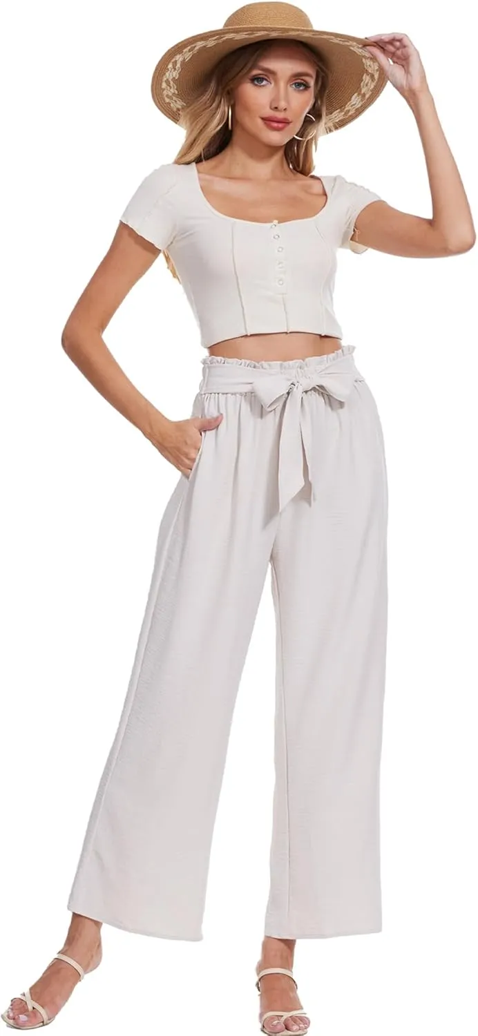 Beautiful Nomad Women's Wide Leg Lounge Pants High Waist Adjustable Knot Loose Casual Work Flowy Trousers with Pockets