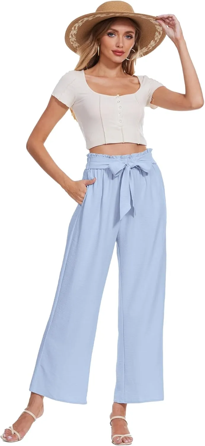 Beautiful Nomad Women's Wide Leg Lounge Pants High Waist Adjustable Knot Loose Casual Work Flowy Trousers with Pockets
