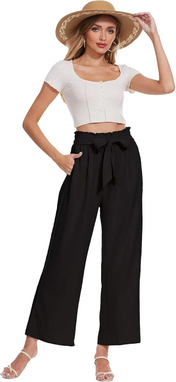 Beautiful Nomad Women's Wide Leg Lounge Pants High Waist Adjustable Knot Loose Casual Work Flowy Trousers with Pockets