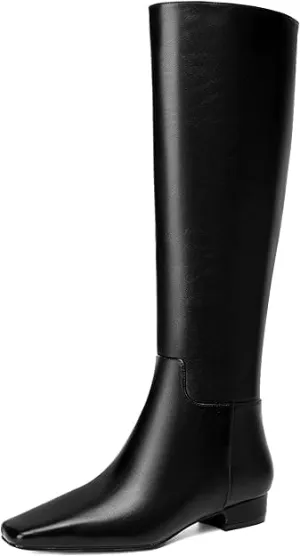 Beauty Cry Square Toe Flat Knee High Boots for Women Metallic Chunky Low Heel Leather Riding Boots With Side Zipper