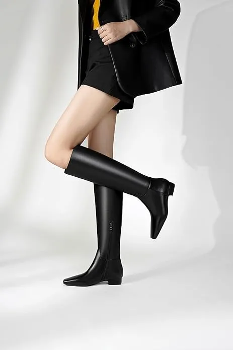 Beauty Cry Square Toe Flat Knee High Boots for Women Metallic Chunky Low Heel Leather Riding Boots With Side Zipper