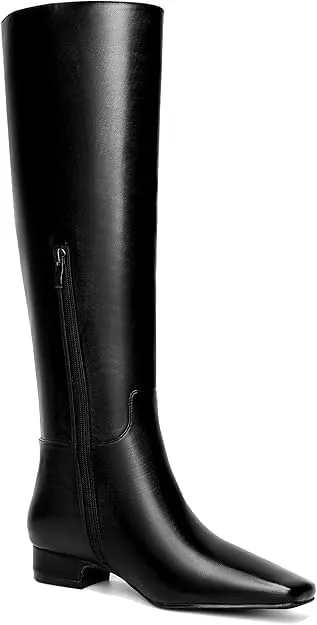Beauty Cry Square Toe Flat Knee High Boots for Women Metallic Chunky Low Heel Leather Riding Boots With Side Zipper