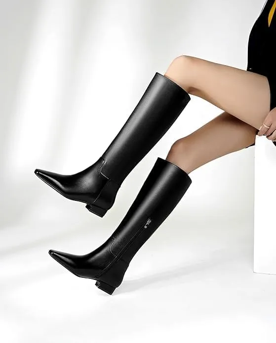 Beauty Cry Square Toe Flat Knee High Boots for Women Metallic Chunky Low Heel Leather Riding Boots With Side Zipper