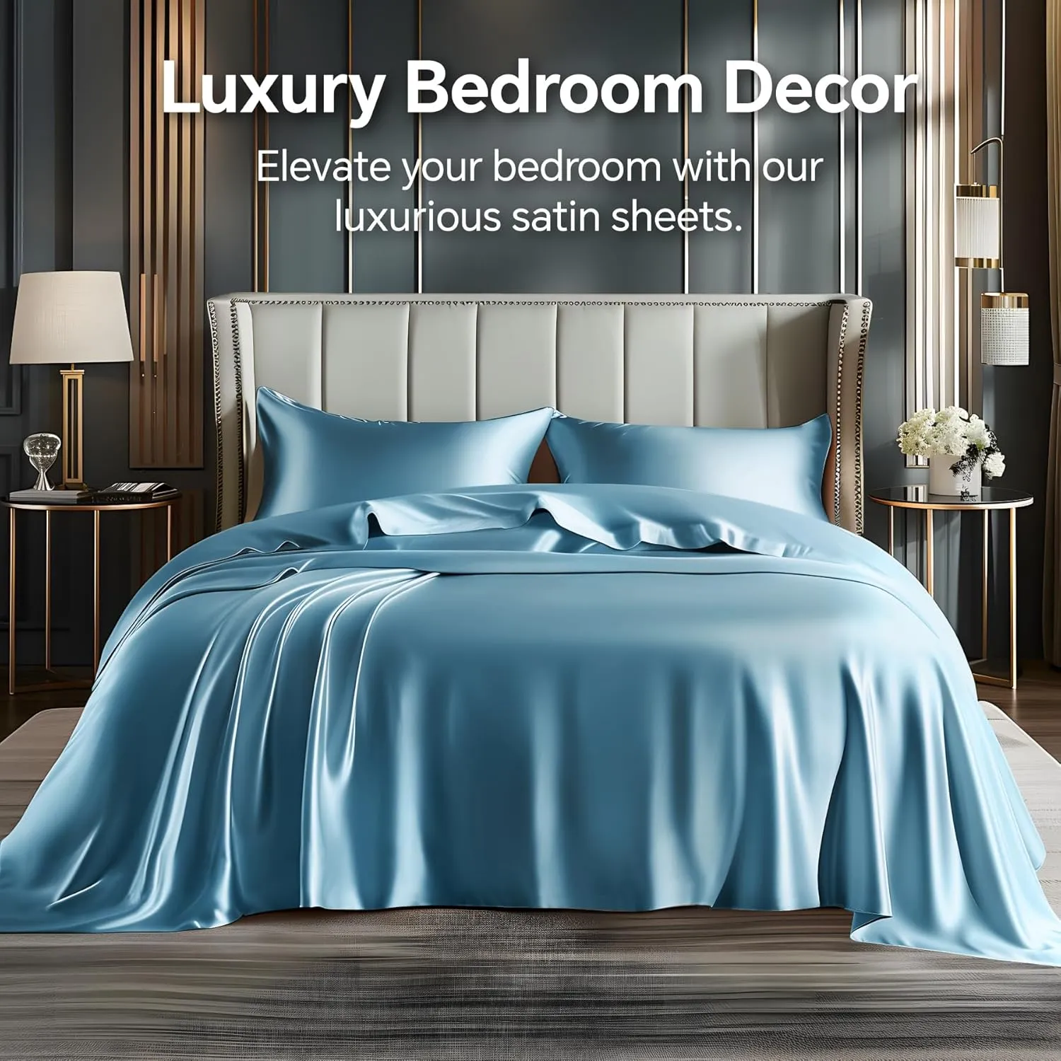 BEDELITE Satin Sheets Queen Size Bed Set, Luxury Soft Airy Blue Silky Sheets for Hair and Skin, Similar to Silk Bed Sheets Set 4 Pieces with 1 Deep Pocket Fitted Sheet, 1 Flat Sheet, and 2 Pillowcases