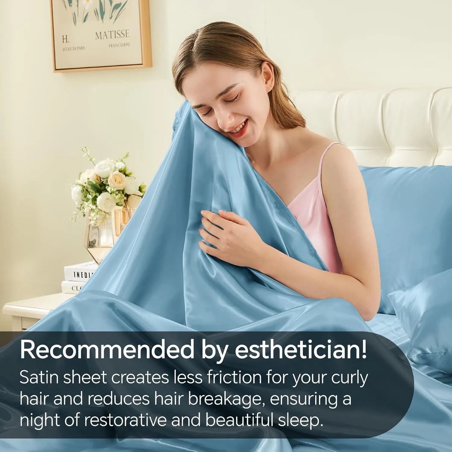 BEDELITE Satin Sheets Queen Size Bed Set, Luxury Soft Airy Blue Silky Sheets for Hair and Skin, Similar to Silk Bed Sheets Set 4 Pieces with 1 Deep Pocket Fitted Sheet, 1 Flat Sheet, and 2 Pillowcases