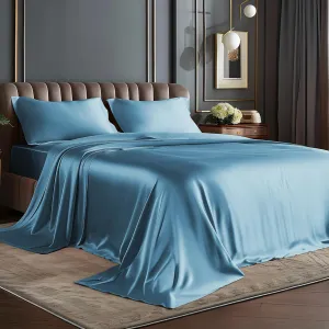 BEDELITE Satin Sheets Queen Size Bed Set, Luxury Soft Airy Blue Silky Sheets for Hair and Skin, Similar to Silk Bed Sheets Set 4 Pieces with 1 Deep Pocket Fitted Sheet, 1 Flat Sheet, and 2 Pillowcases