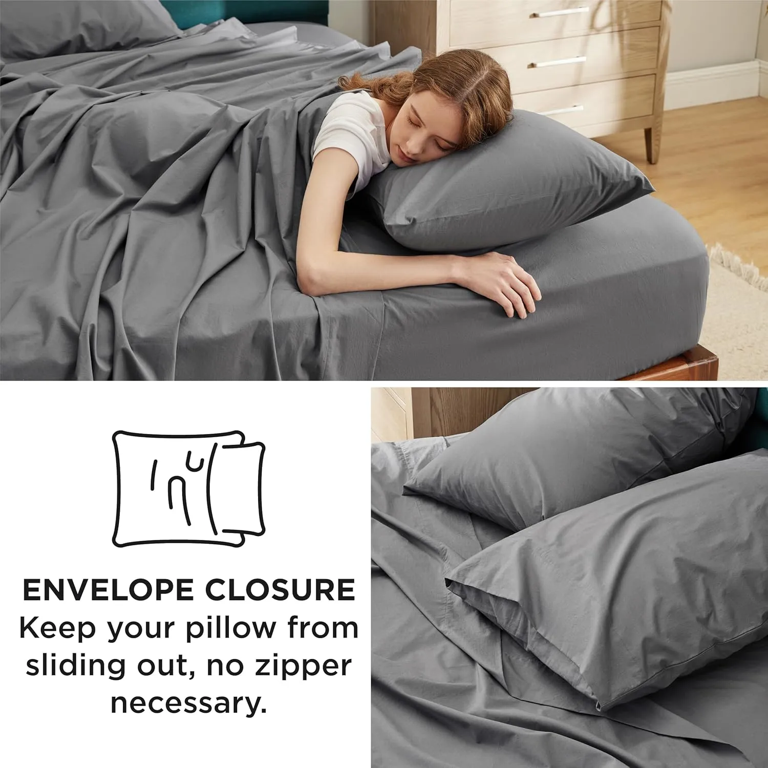 Bedsure 100% Cotton Percale Sheets Queen Size, Queen Sheet Set with Deep Pocket Up to 16 Inches, Breathable & Crirsp Soft, Bedsheet & Pillowcase Sets, 4 Pieces, Grey