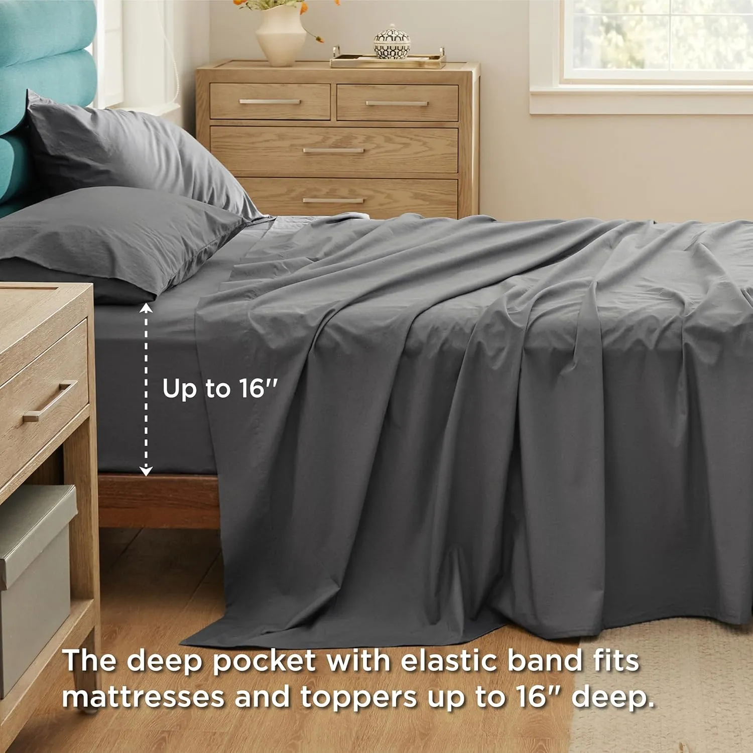 Bedsure 100% Cotton Percale Sheets Queen Size, Queen Sheet Set with Deep Pocket Up to 16 Inches, Breathable & Crirsp Soft, Bedsheet & Pillowcase Sets, 4 Pieces, Grey