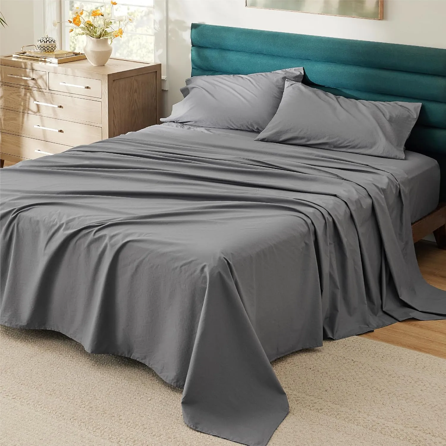 Bedsure 100% Cotton Percale Sheets Queen Size, Queen Sheet Set with Deep Pocket Up to 16 Inches, Breathable & Crirsp Soft, Bedsheet & Pillowcase Sets, 4 Pieces, Grey