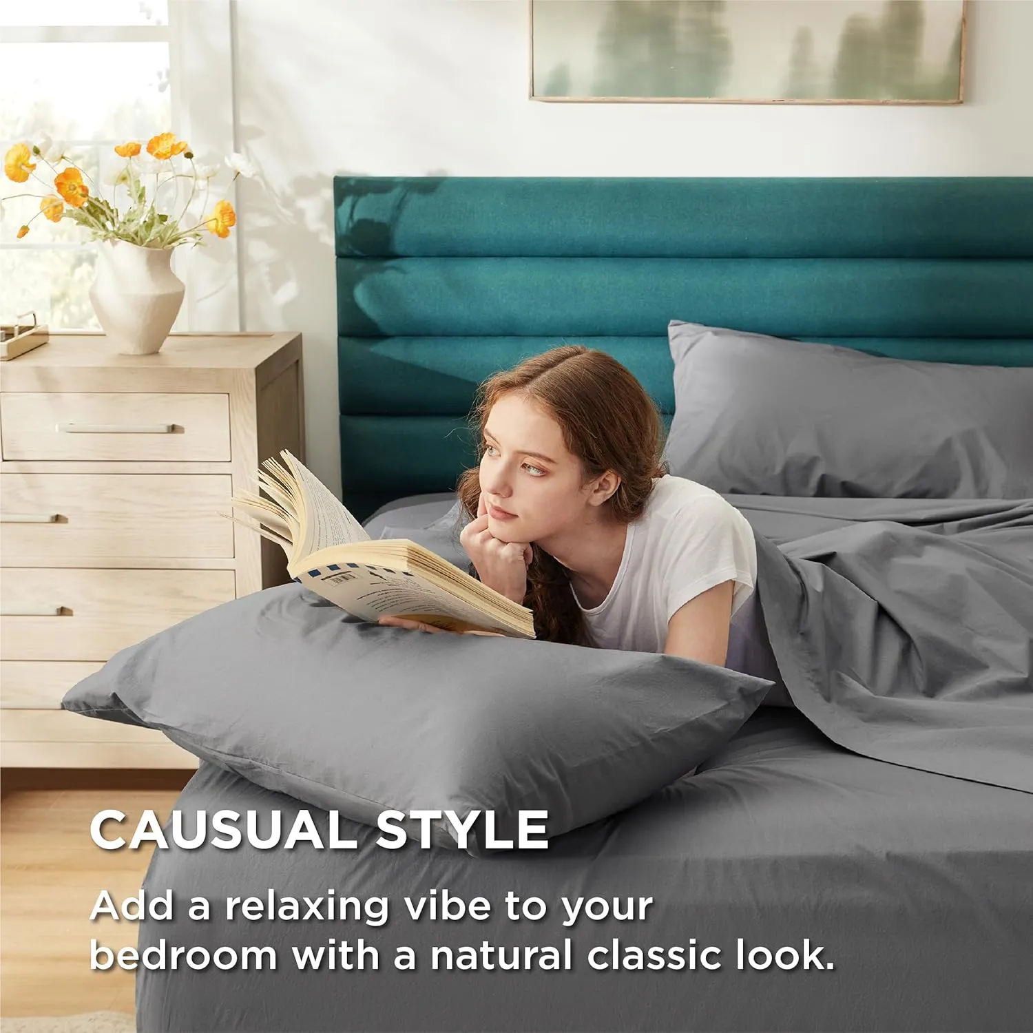 Bedsure 100% Cotton Percale Sheets Queen Size, Queen Sheet Set with Deep Pocket Up to 16 Inches, Breathable & Crirsp Soft, Bedsheet & Pillowcase Sets, 4 Pieces, Grey