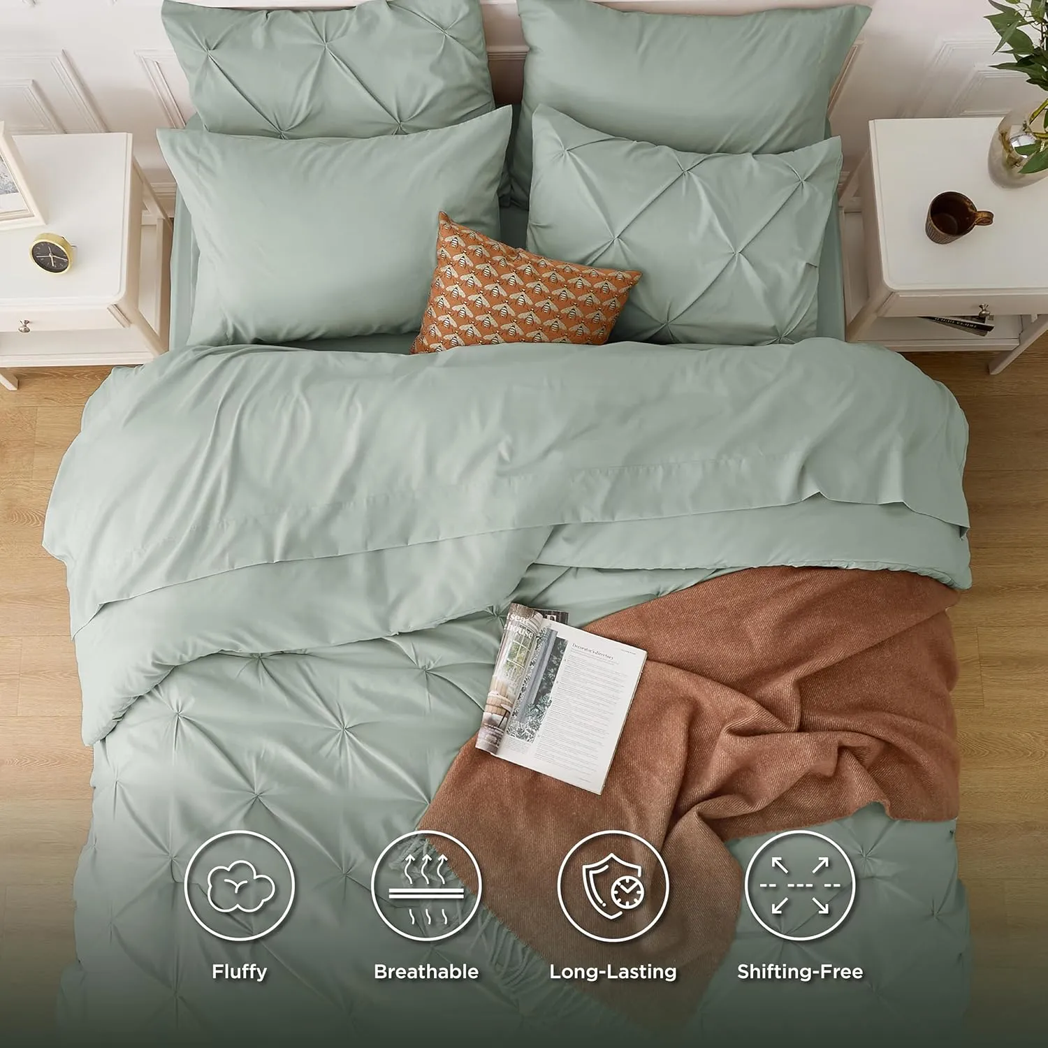 Bedsure Queen Comforter Set Sage Green - Bed in a Bag Queen Size 7 Pieces, GentleSoft™ Pintuck Bed Set Gift for Family, Pinch Pleat Sage Green Comforter with Sheets, Pillowcases & Shams