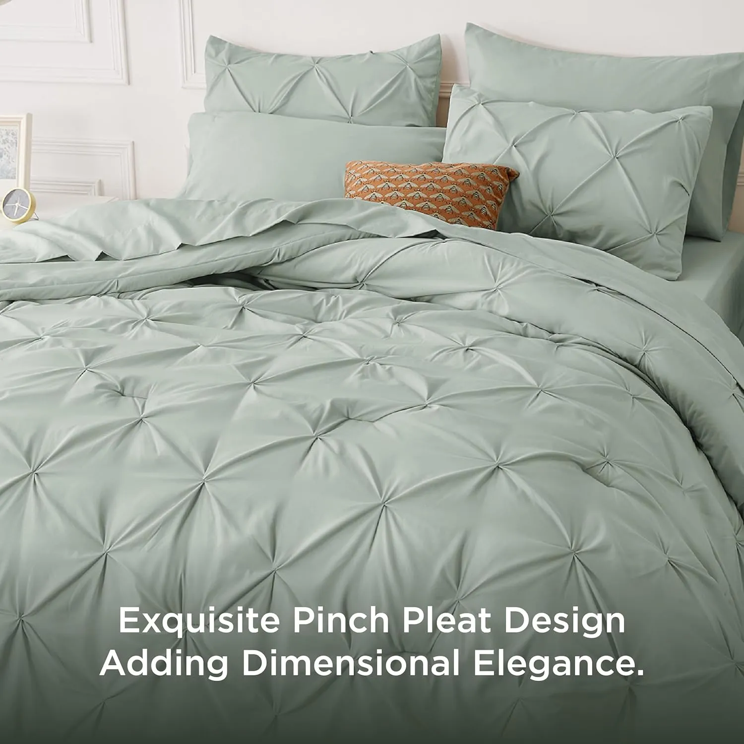 Bedsure Queen Comforter Set Sage Green - Bed in a Bag Queen Size 7 Pieces, GentleSoft™ Pintuck Bed Set Gift for Family, Pinch Pleat Sage Green Comforter with Sheets, Pillowcases & Shams