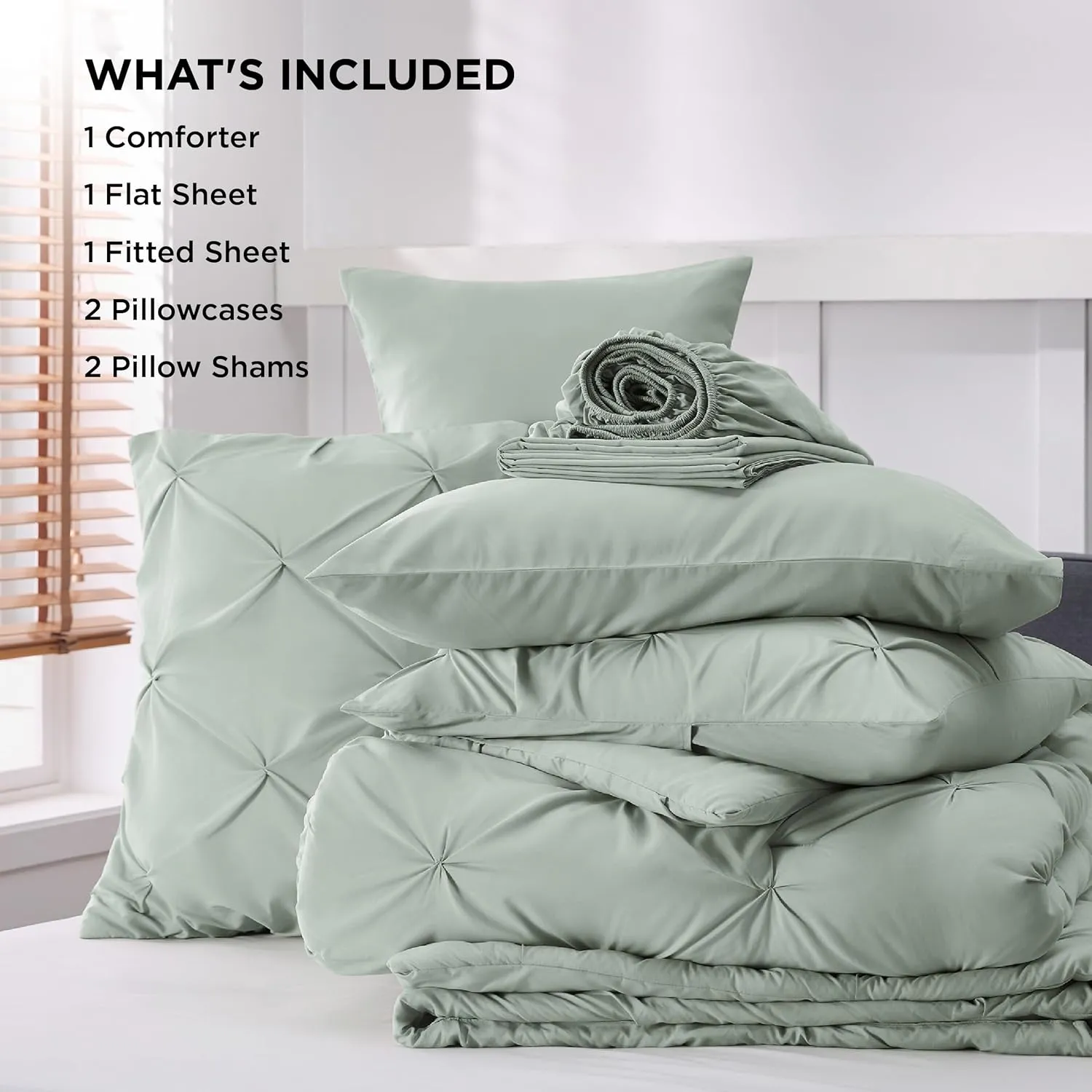 Bedsure Queen Comforter Set Sage Green - Bed in a Bag Queen Size 7 Pieces, GentleSoft™ Pintuck Bed Set Gift for Family, Pinch Pleat Sage Green Comforter with Sheets, Pillowcases & Shams