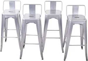 BELLEZE 24 Inch Modern Metal Bar Stools, Low Back Indoor Outdoor Restaurant Patio Kitchen Dining, Contemporary Farmhouse Vintage Industrial Steel Metal [Set of 4] - Alexander (Silver)