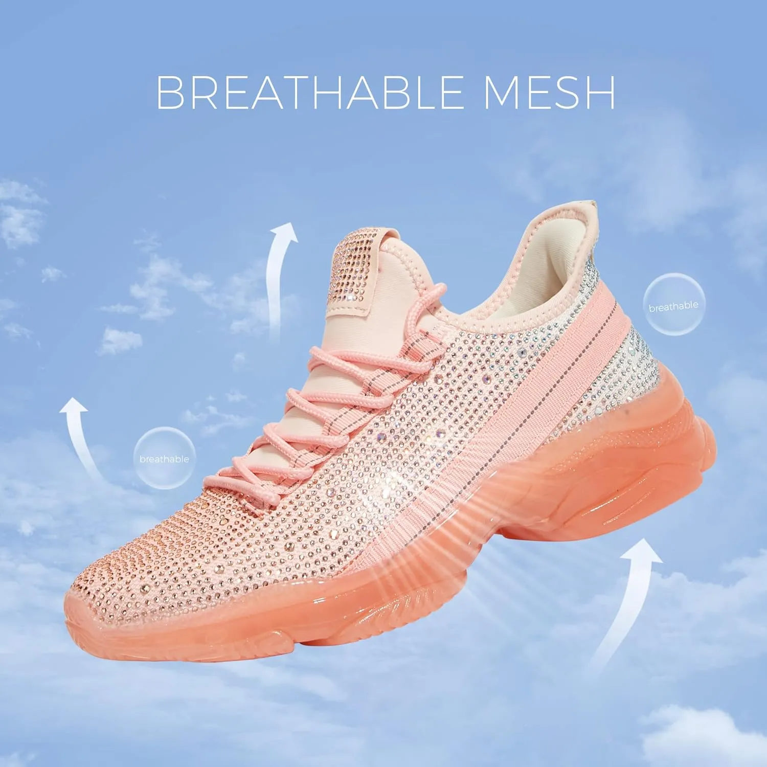 BELOS Women's Rhinestone Mesh Slip On Walking Shoes Fashion Breathable Spakle Glitter Sneaker