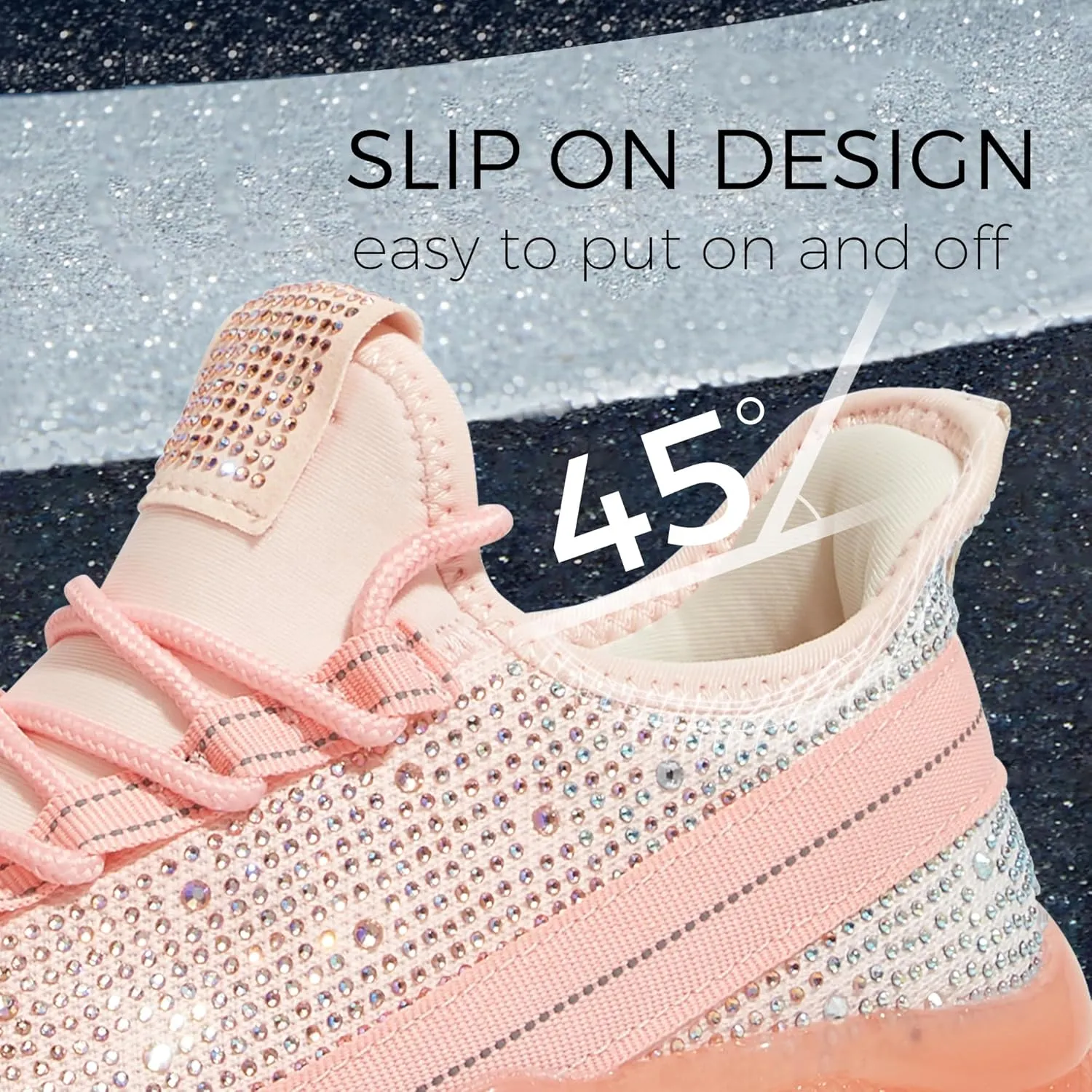 BELOS Women's Rhinestone Mesh Slip On Walking Shoes Fashion Breathable Spakle Glitter Sneaker
