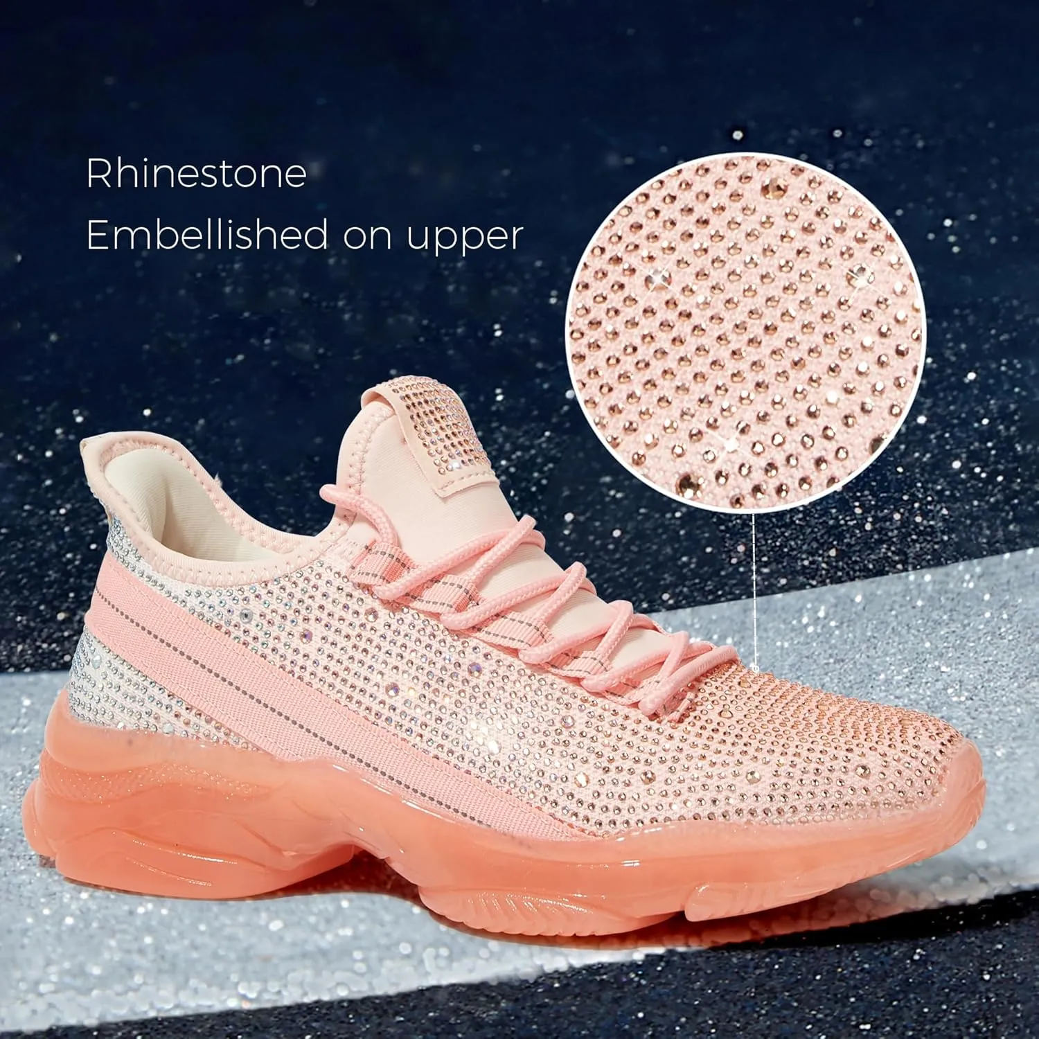 BELOS Women's Rhinestone Mesh Slip On Walking Shoes Fashion Breathable Spakle Glitter Sneaker