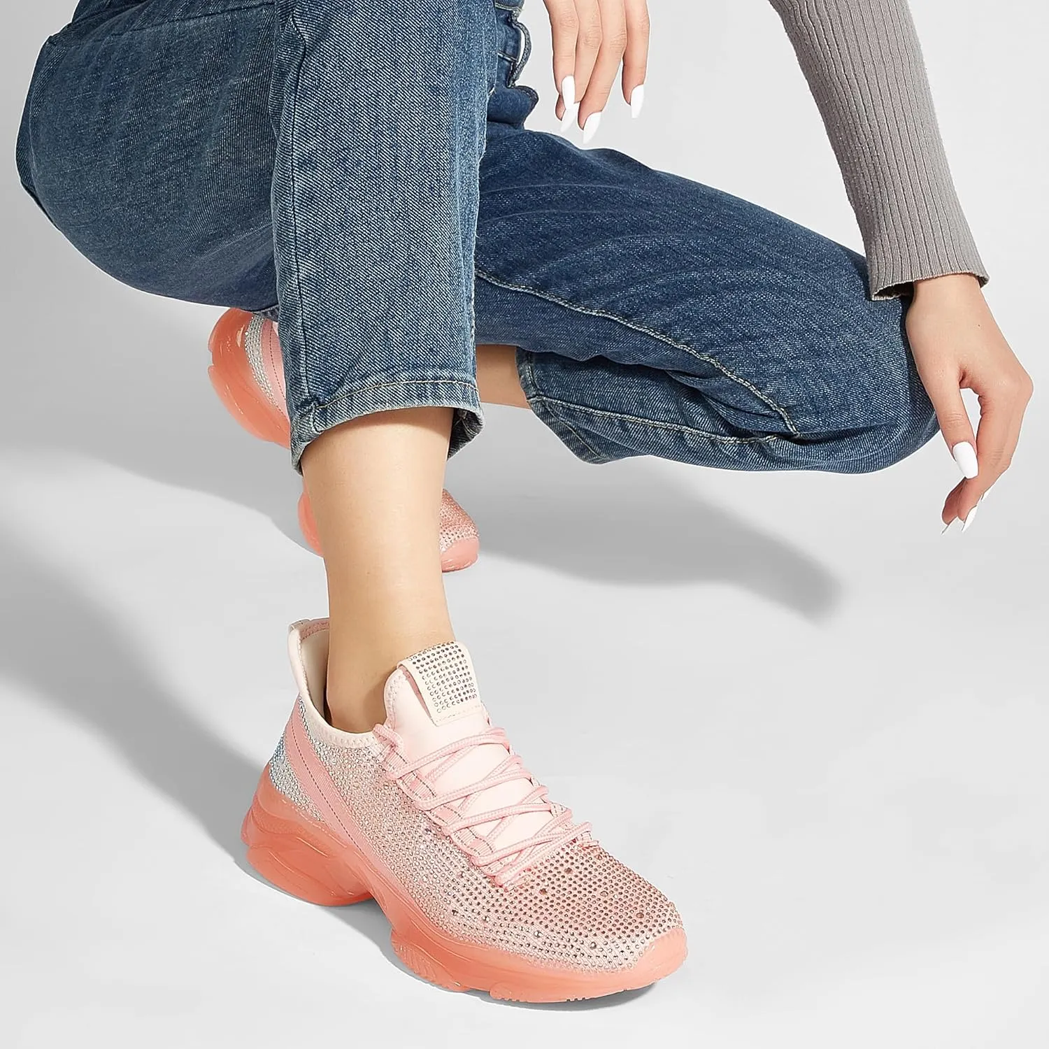 BELOS Women's Rhinestone Mesh Slip On Walking Shoes Fashion Breathable Spakle Glitter Sneaker