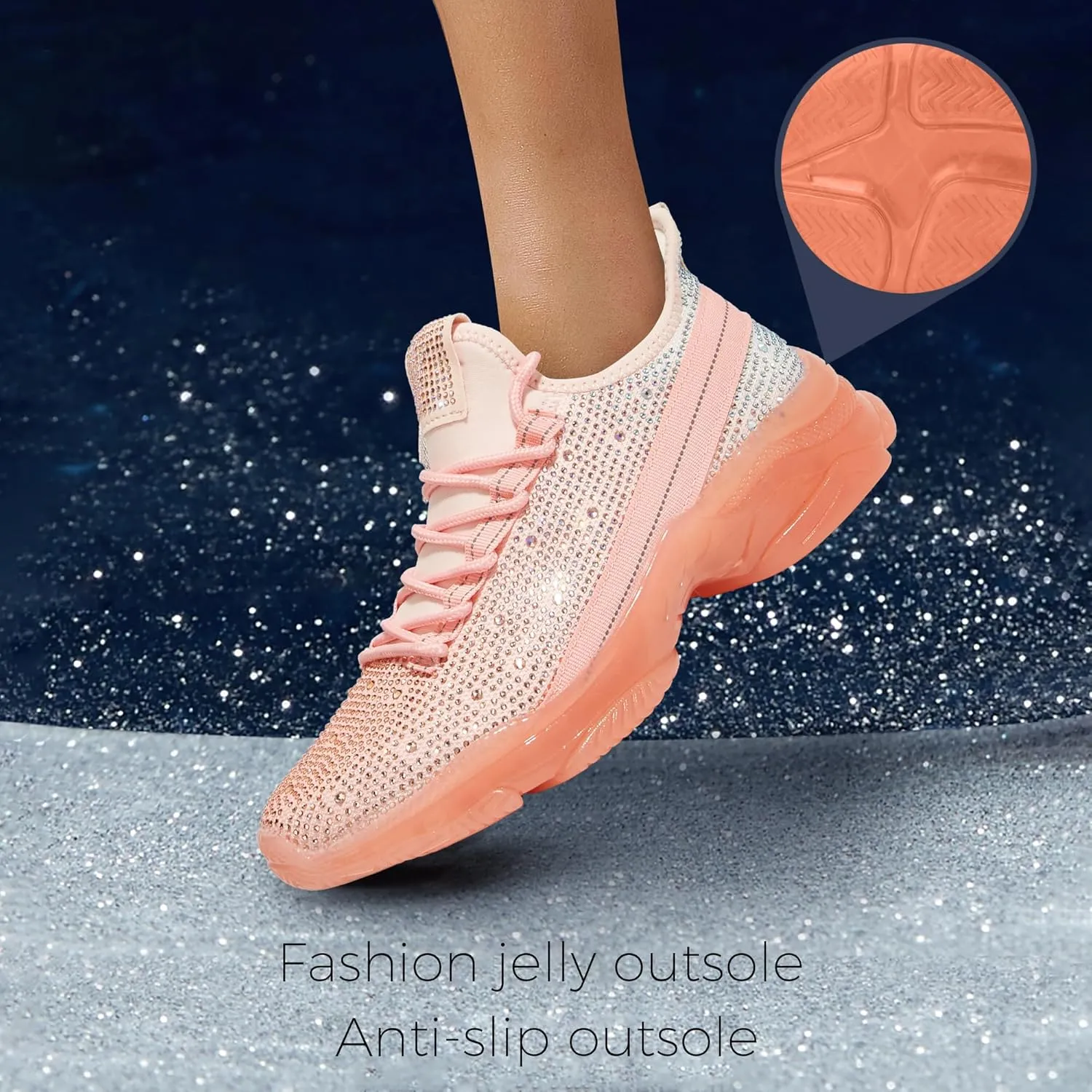 BELOS Women's Rhinestone Mesh Slip On Walking Shoes Fashion Breathable Spakle Glitter Sneaker