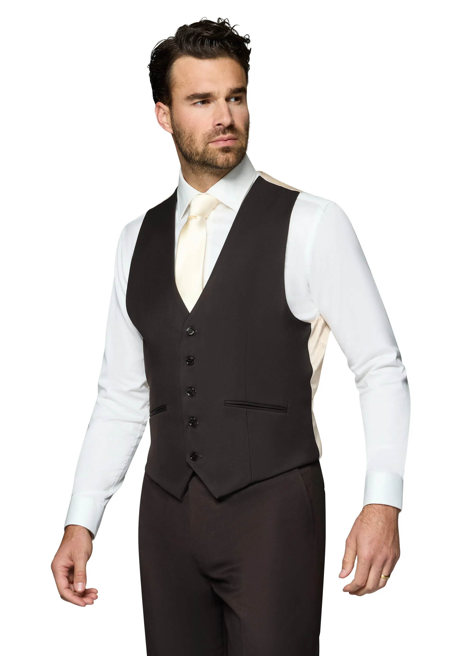 Bergamo Orange Vested Solid Dark Brown Slim Fit