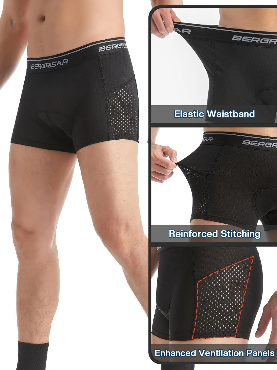 BERGRISAR Men's Cycling Underwear 3D Padded Bike Shorts Mountain Bike Liner Biking Bicycle Undershorts
