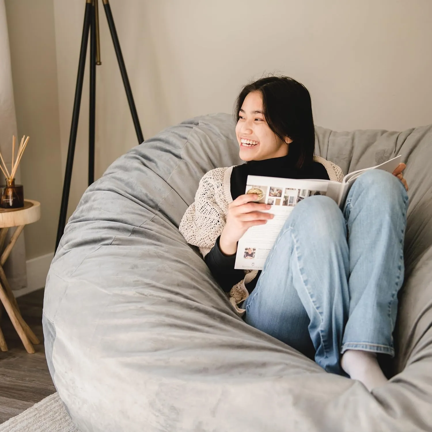 Big Joe Fuf XXL Foam Filled Bean Bag Chair with Removable Cover, Gray Plush, Soft Polyester, 6 feet Giant