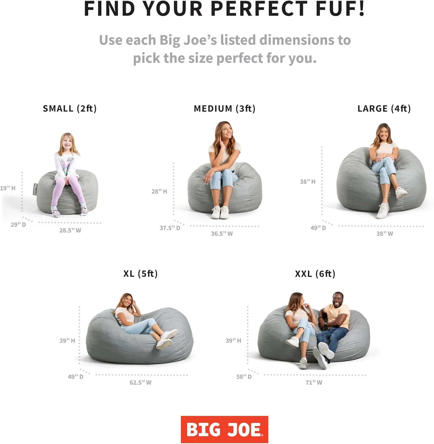 Big Joe Fuf XXL Foam Filled Bean Bag Chair with Removable Cover, Gray Plush, Soft Polyester, 6 feet Giant