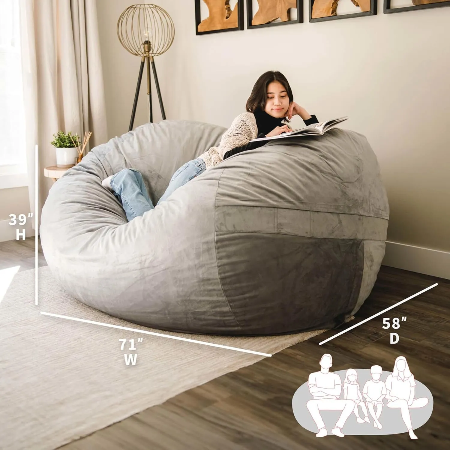Big Joe Fuf XXL Foam Filled Bean Bag Chair with Removable Cover, Gray Plush, Soft Polyester, 6 feet Giant