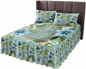 Birds Cage Bed Skirt Sheet Set 1 Bed Sheet & 2 Pillowcases, Bed Skirt King Size 18 Inch Drop, Spring Botanical Blue Floral Wrap Around Bed Skirts, Bedding Dust Ruffle Skirt Bedspread