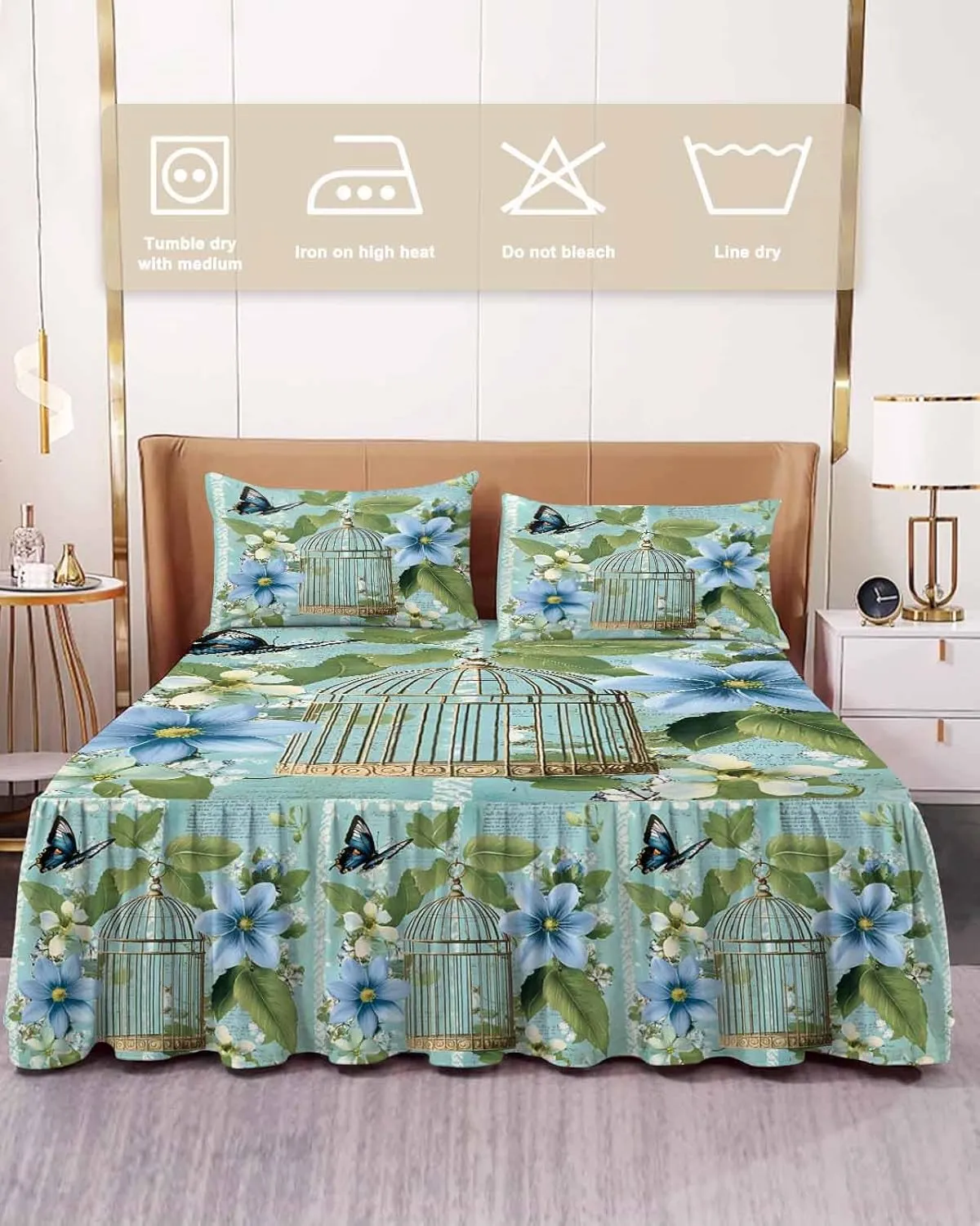 Birds Cage Bed Skirt Sheet Set 1 Bed Sheet & 2 Pillowcases, Bed Skirt King Size 18 Inch Drop, Spring Botanical Blue Floral Wrap Around Bed Skirts, Bedding Dust Ruffle Skirt Bedspread