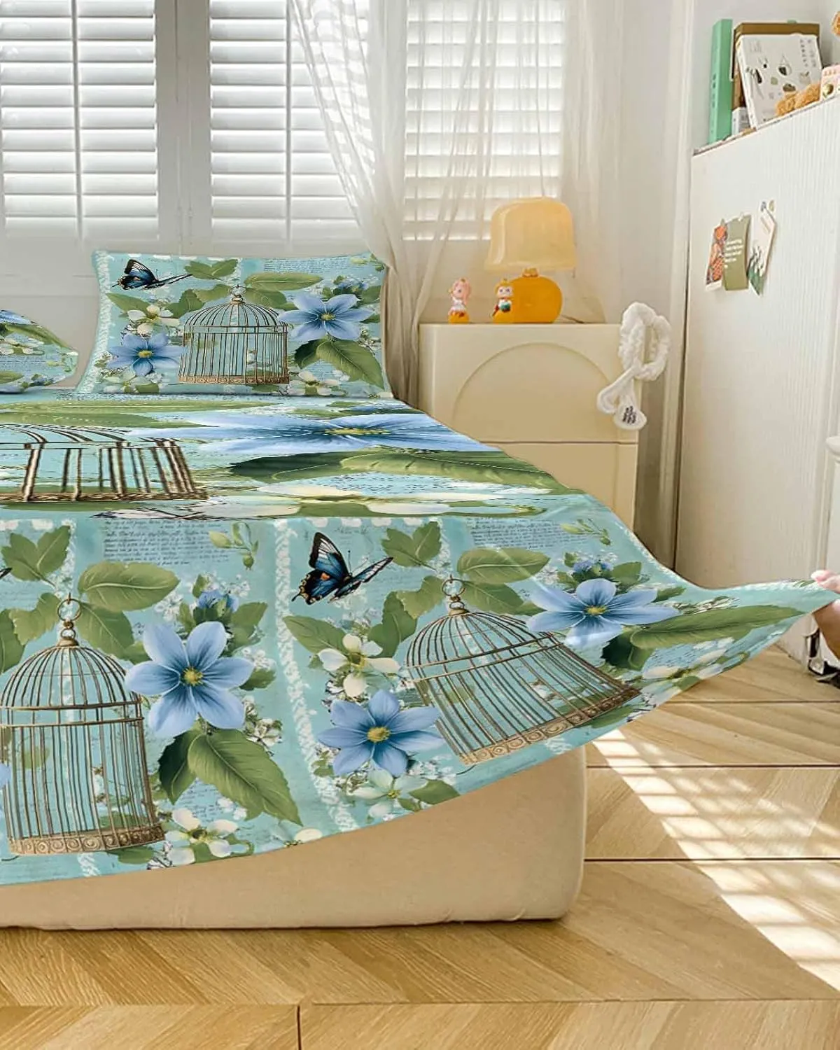 Birds Cage Bed Skirt Sheet Set 1 Bed Sheet & 2 Pillowcases, Bed Skirt King Size 18 Inch Drop, Spring Botanical Blue Floral Wrap Around Bed Skirts, Bedding Dust Ruffle Skirt Bedspread