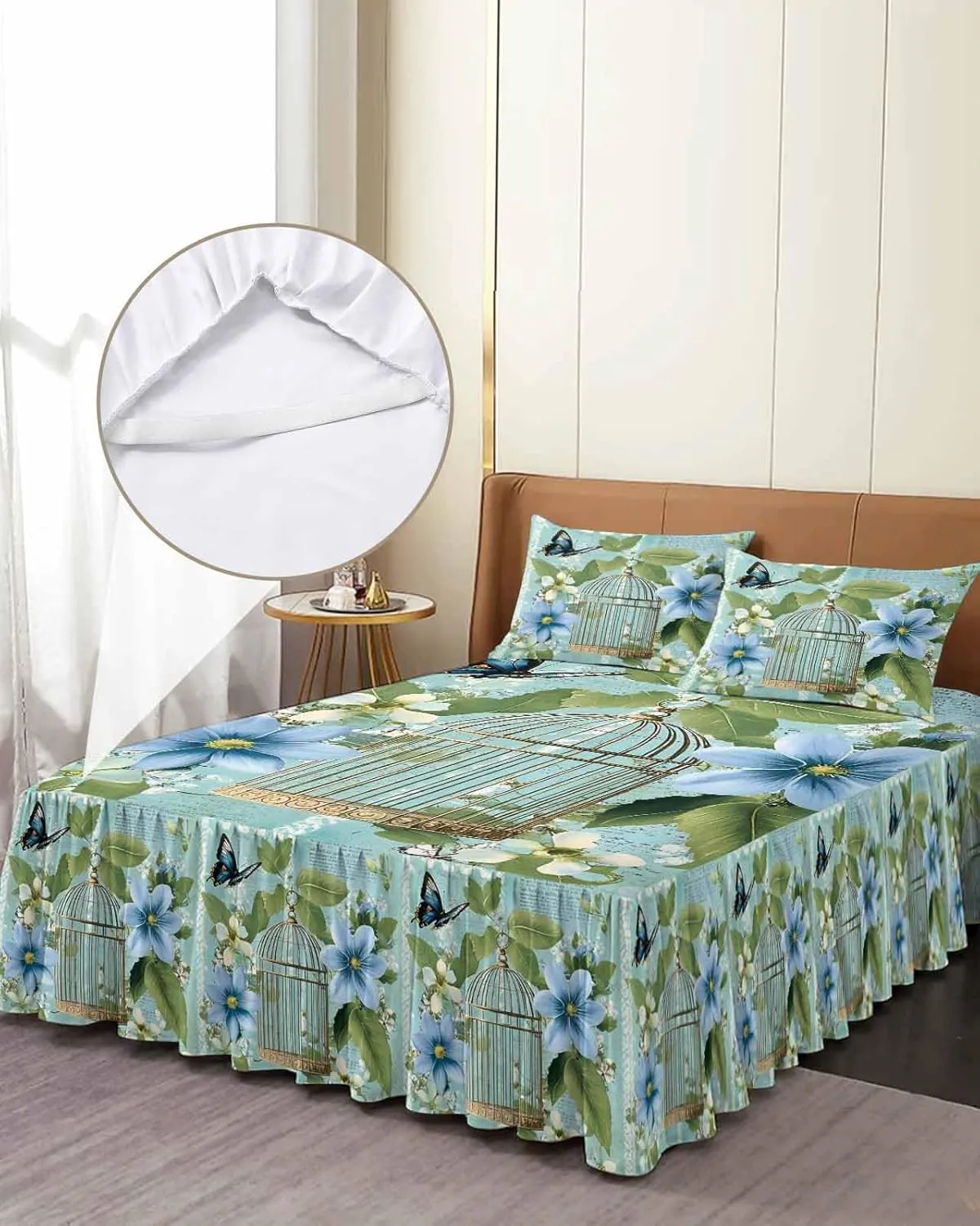Birds Cage Bed Skirt Sheet Set 1 Bed Sheet & 2 Pillowcases, Bed Skirt King Size 18 Inch Drop, Spring Botanical Blue Floral Wrap Around Bed Skirts, Bedding Dust Ruffle Skirt Bedspread