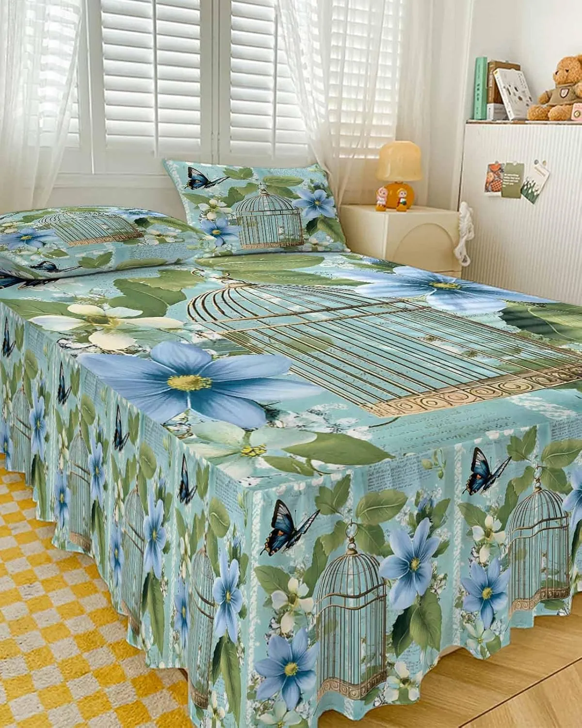 Birds Cage Bed Skirt Sheet Set 1 Bed Sheet & 2 Pillowcases, Bed Skirt King Size 18 Inch Drop, Spring Botanical Blue Floral Wrap Around Bed Skirts, Bedding Dust Ruffle Skirt Bedspread