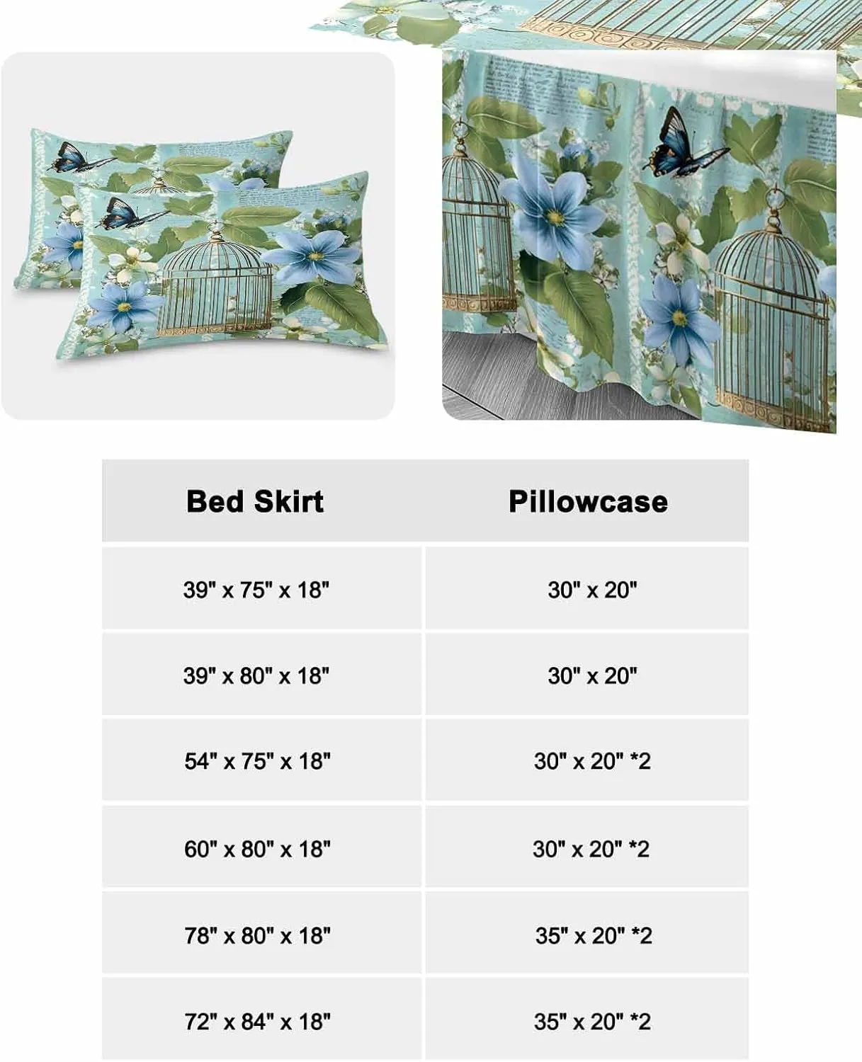 Birds Cage Bed Skirt Sheet Set 1 Bed Sheet & 2 Pillowcases, Bed Skirt King Size 18 Inch Drop, Spring Botanical Blue Floral Wrap Around Bed Skirts, Bedding Dust Ruffle Skirt Bedspread