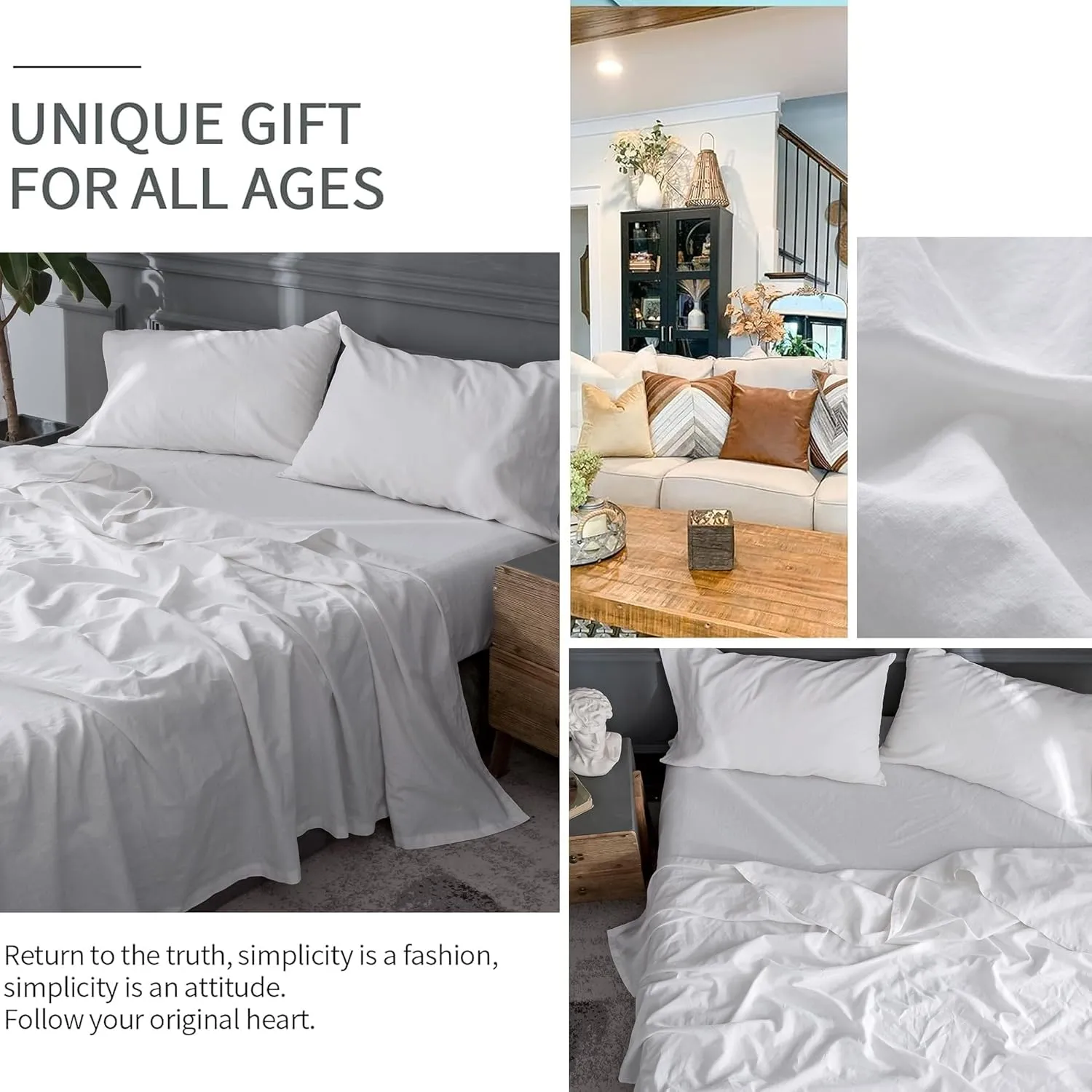 BISELINA Linen Sheet French Flax Flat Sheet Only 55% Euro Linen 45% Cotton Basic Style Solid Color Soft Breathable Farmhouse Top Sheet 1-Piece (King, White)