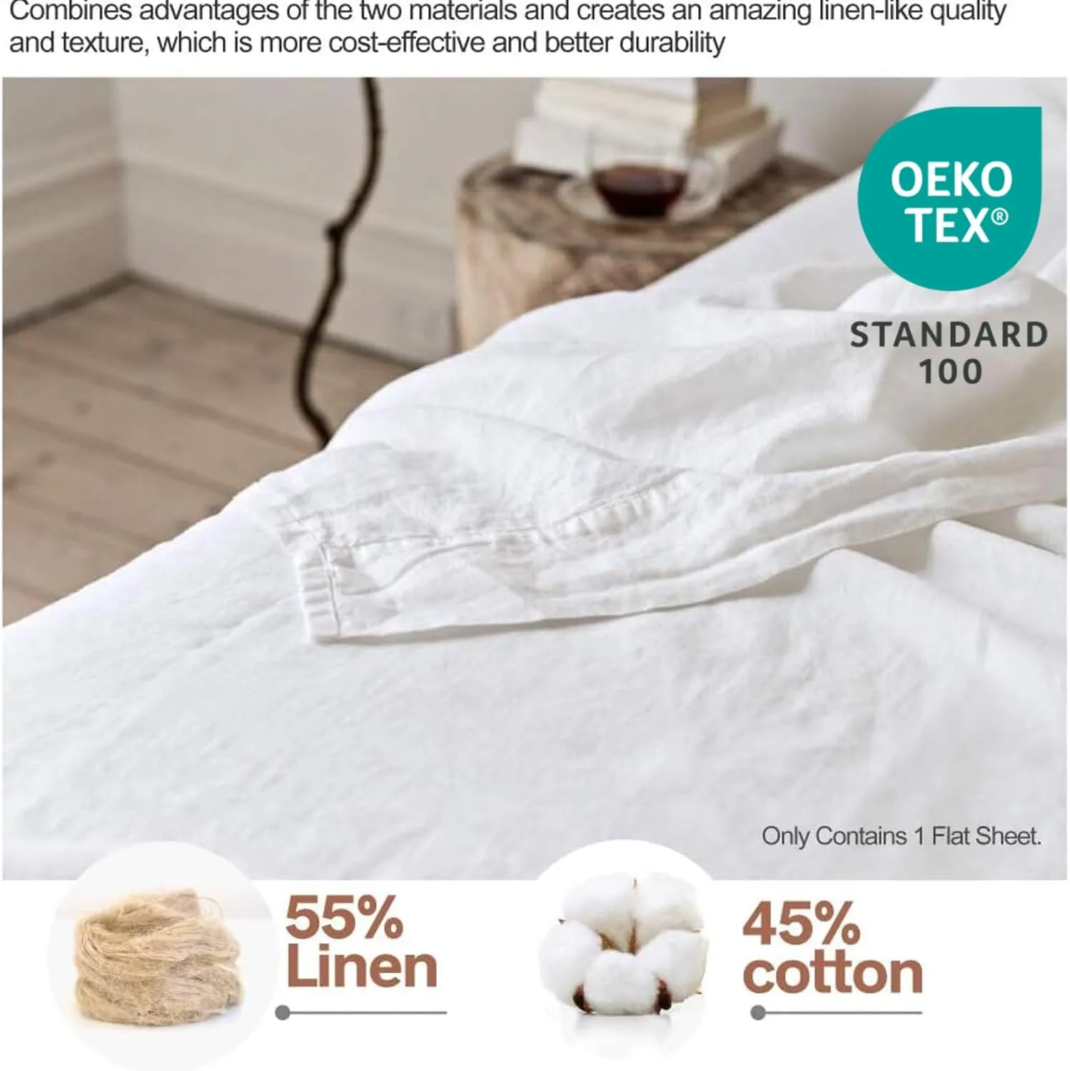 BISELINA Linen Sheet French Flax Flat Sheet Only 55% Euro Linen 45% Cotton Basic Style Solid Color Soft Breathable Farmhouse Top Sheet 1-Piece (King, White)